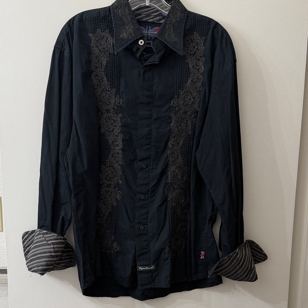English Laundry Black Button Down Shirt with Gray Embroidery